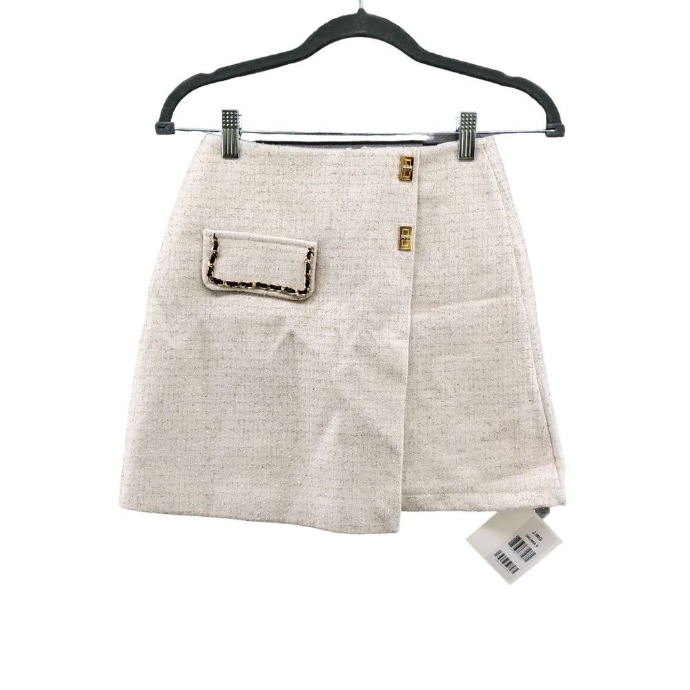 NWT J.ING Tweed Mini Skirt Womens XS 24'' Waist Ivory Metallic Gold Royal